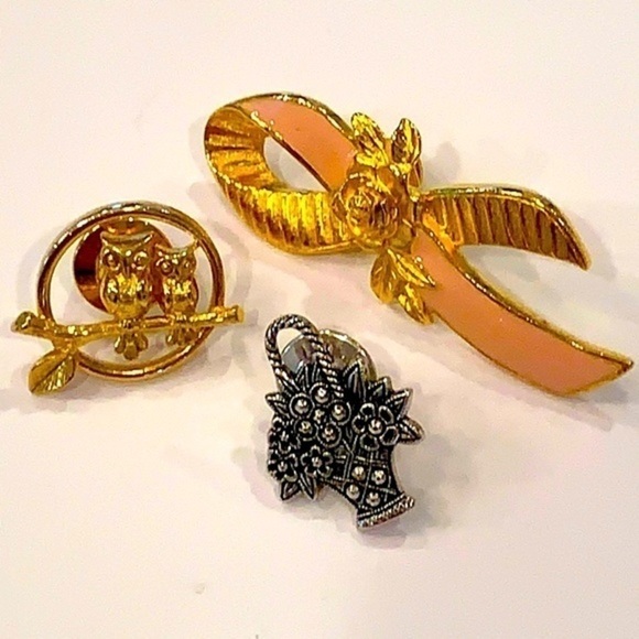 Free w purchase 3 Avon pins ribbon silver basket bird - Picture 1 of 11